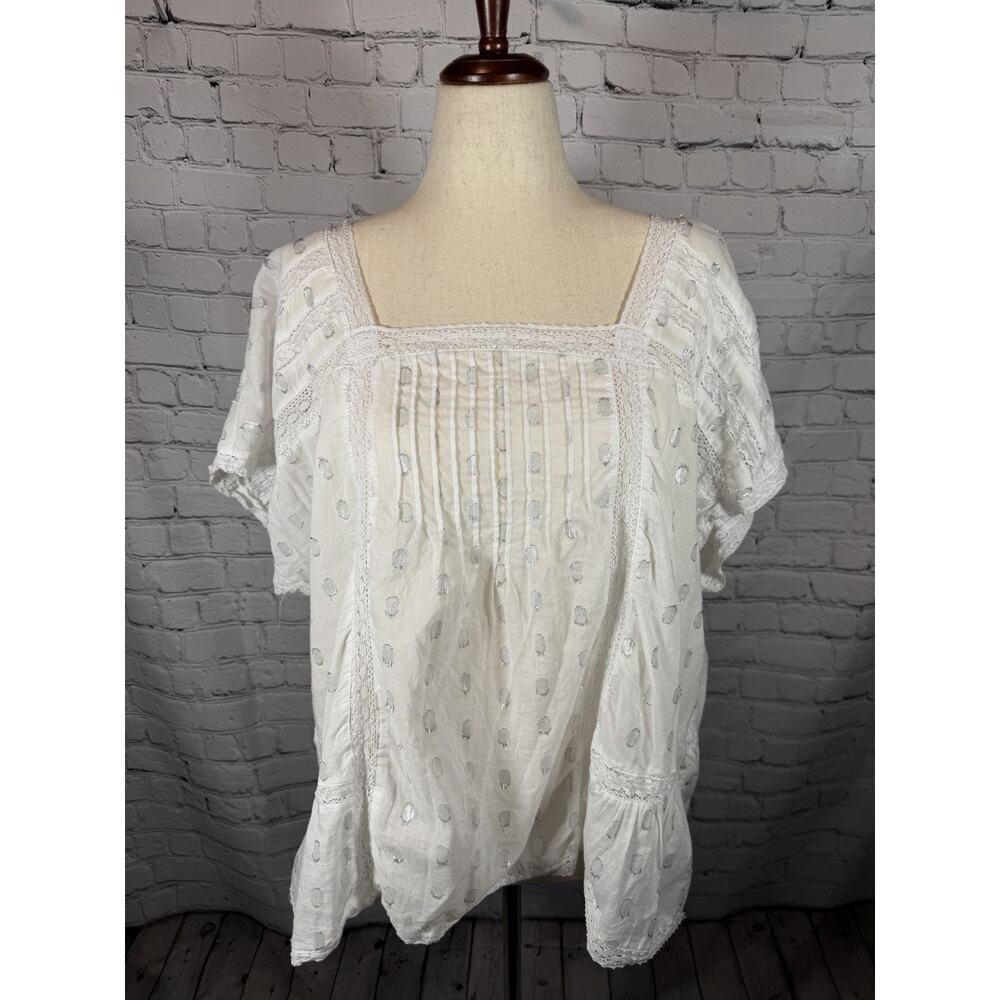 Lane Bryant Cotton White Metallic Flowy Boho Shirt Eyelet 22/24